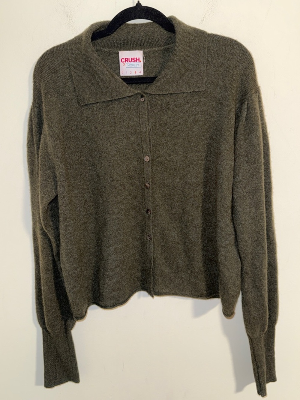 CRUSH x Morley Olive green 100% cashmere Button-Front collared cardigan sweater
